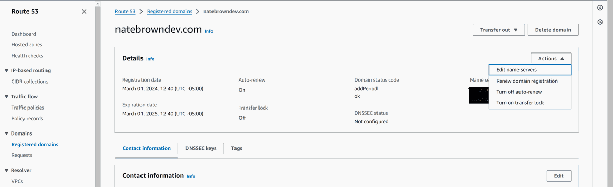 picture of Route 53 domains screen, renaming name servers